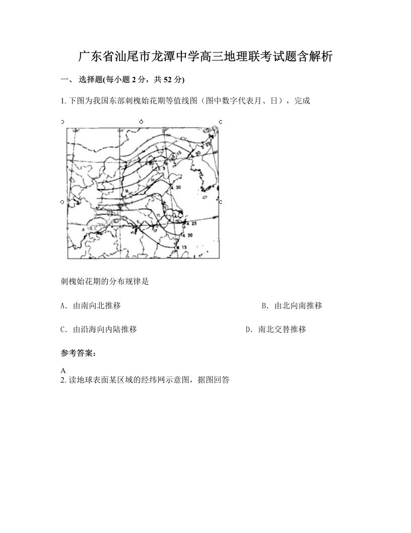 广东省汕尾市龙潭中学高三地理联考试题含解析