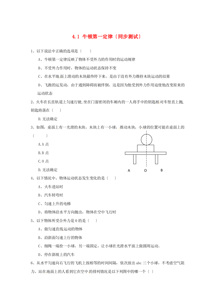 （高中物理）牛顿第一定律（同步测试）