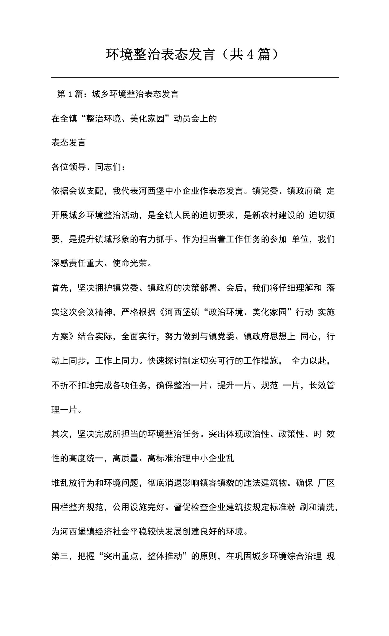 环境整治表态发言(共4篇)