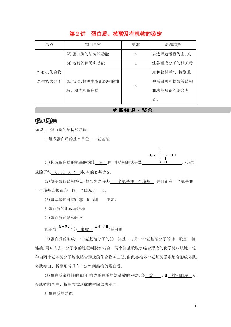 浙江版2022版高考生物总复习第一单元细胞的分子组成第2讲蛋白质核酸及有机物的鉴定教案