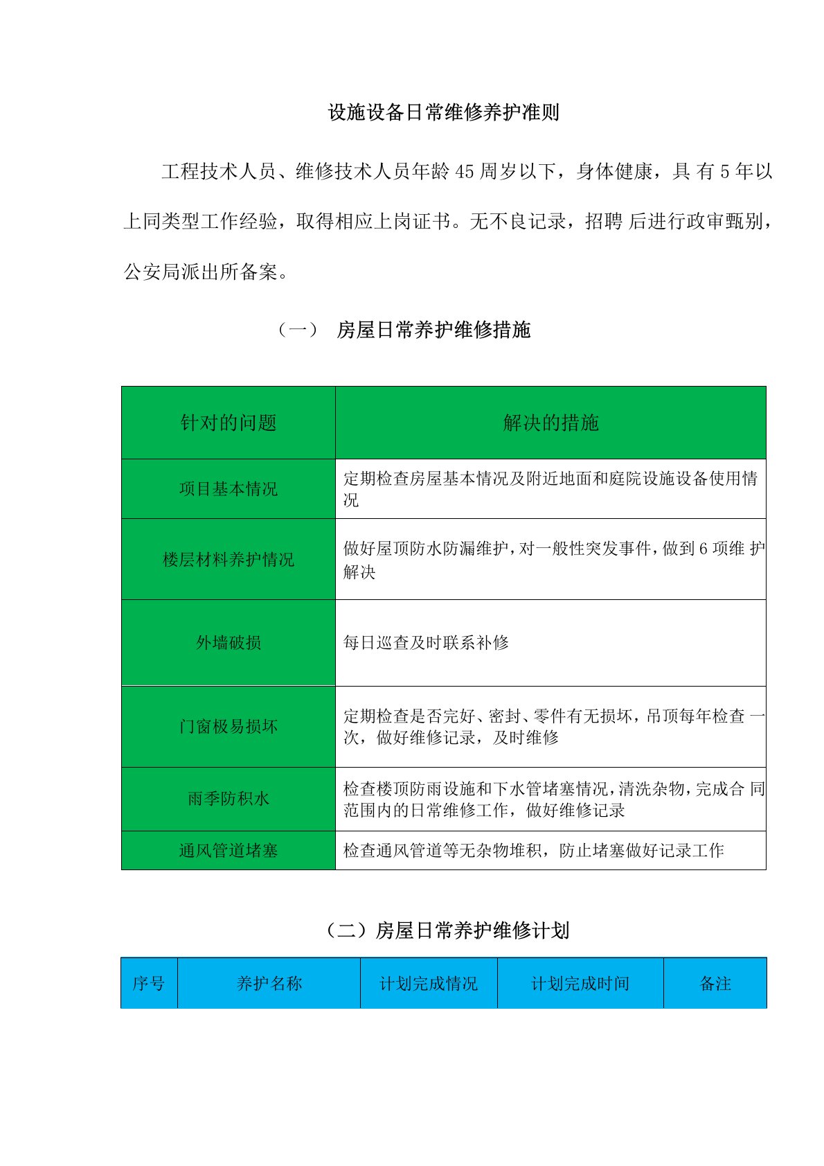 设施设备日常维修养护服务方案