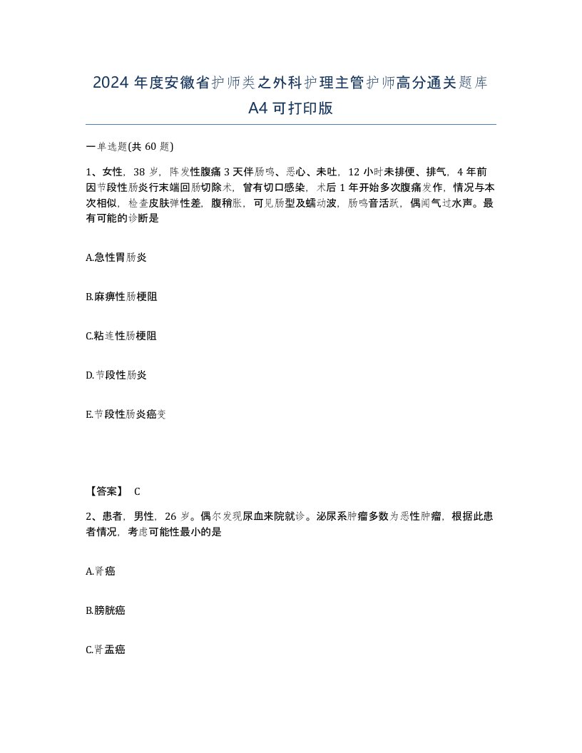 2024年度安徽省护师类之外科护理主管护师高分通关题库A4可打印版