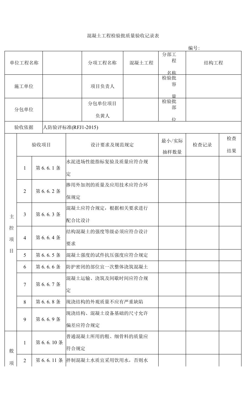 人防混凝土工程检验批质量验收记录表