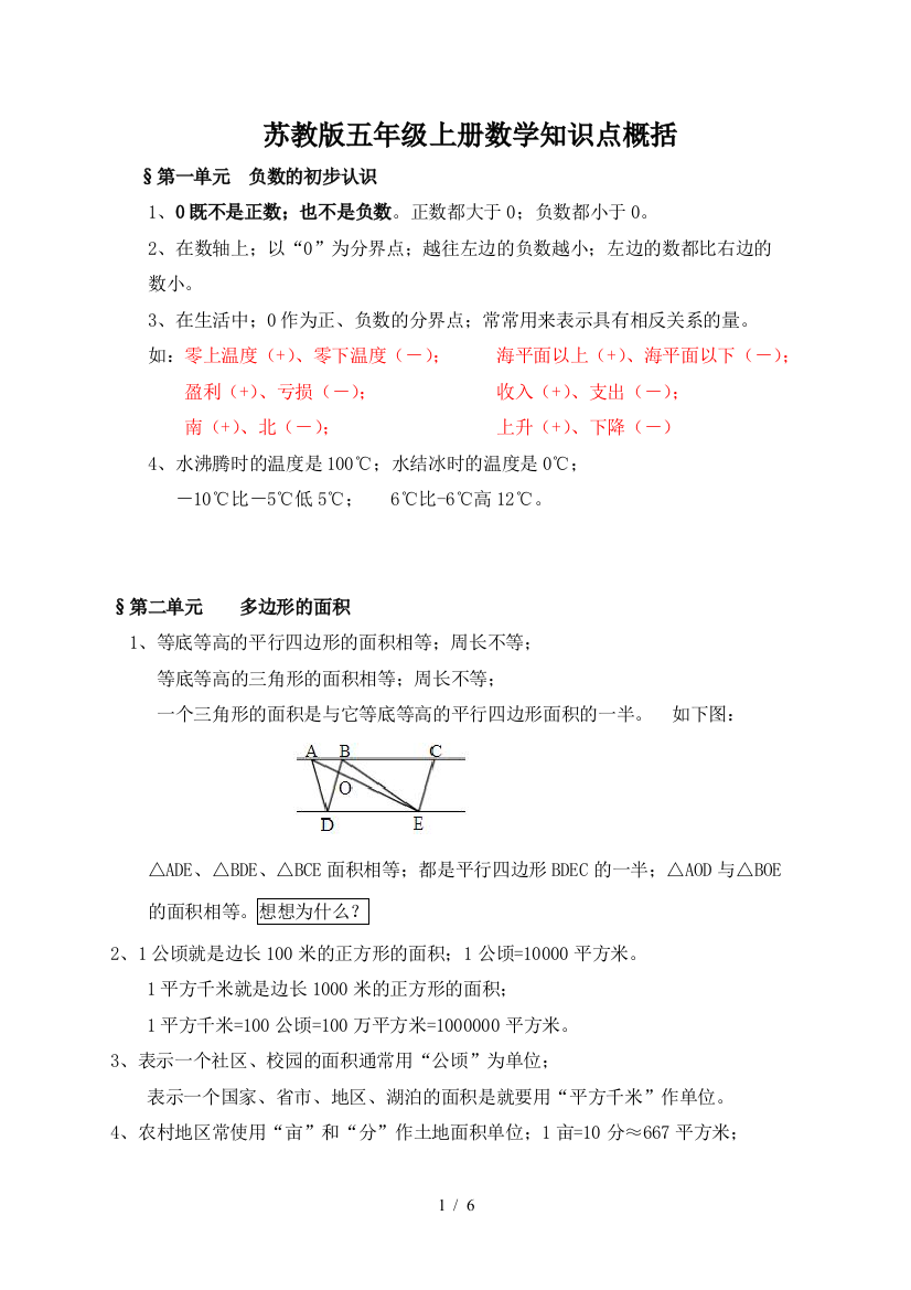 苏教版五年级上册数学知识点概括