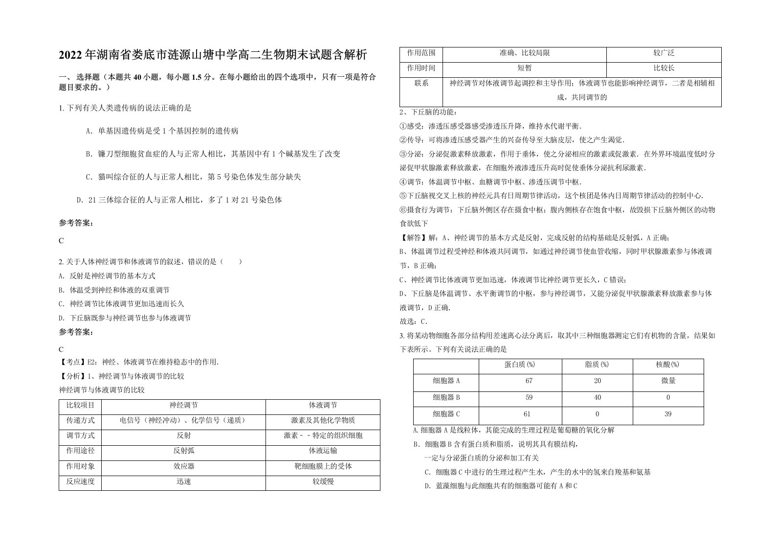 2022年湖南省娄底市涟源山塘中学高二生物期末试题含解析