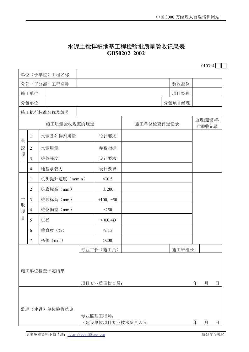 【管理精品】建筑行业水泥土搅拌桩地基工程检验批质量验收记录表