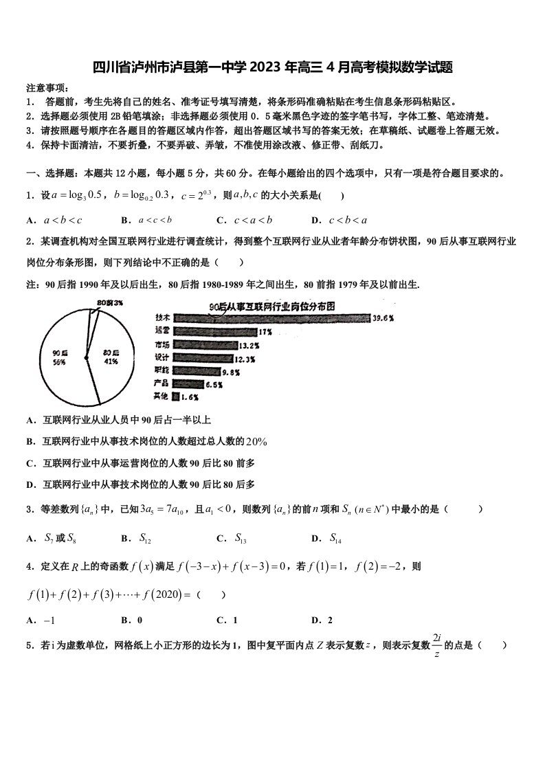 四川省泸州市泸县第一中学2023年高三4月高考模拟数学试题