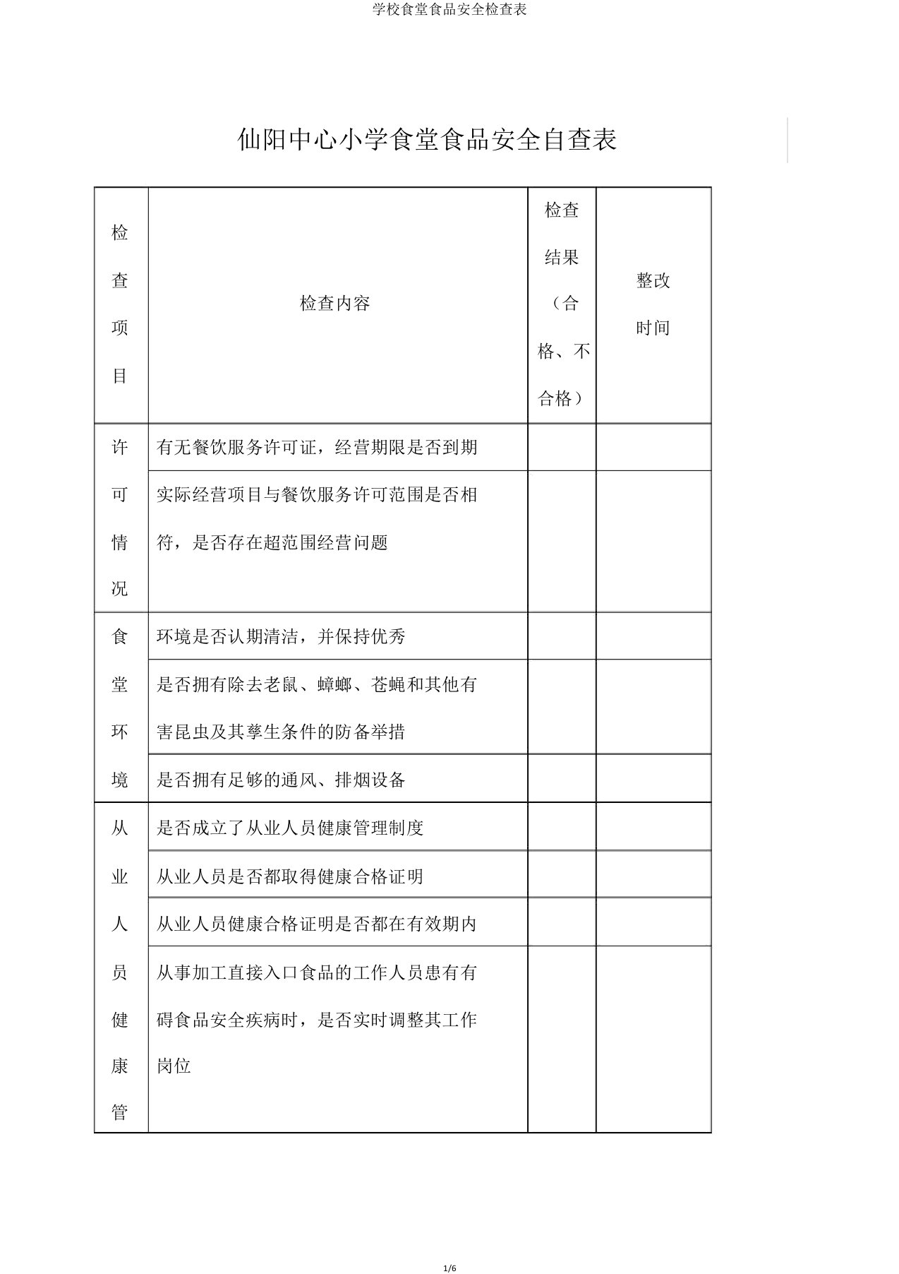 学校食堂食品安全检查表