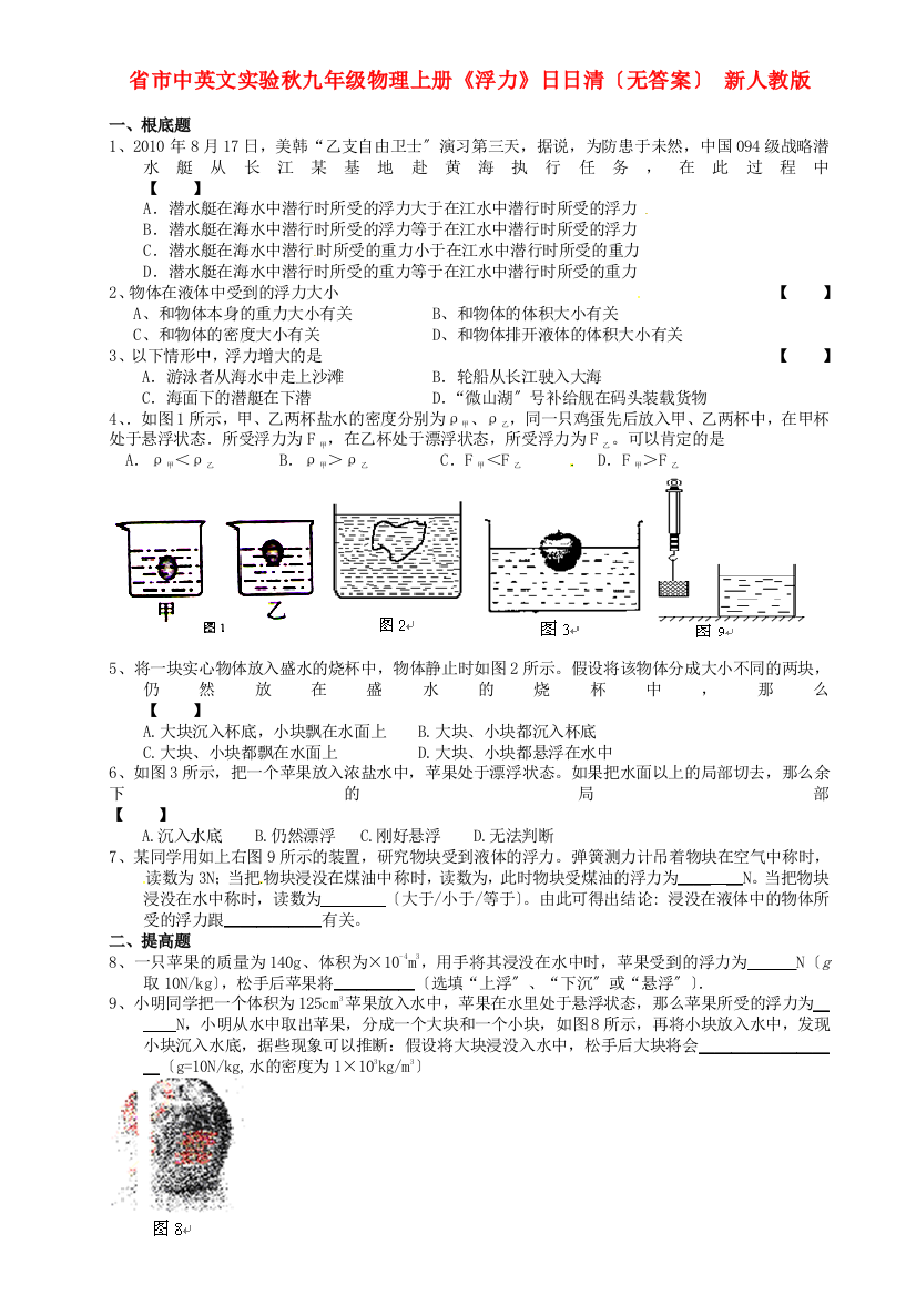 （整理版）市中英文实验学校秋九年级物理上册《浮力》日日清（无