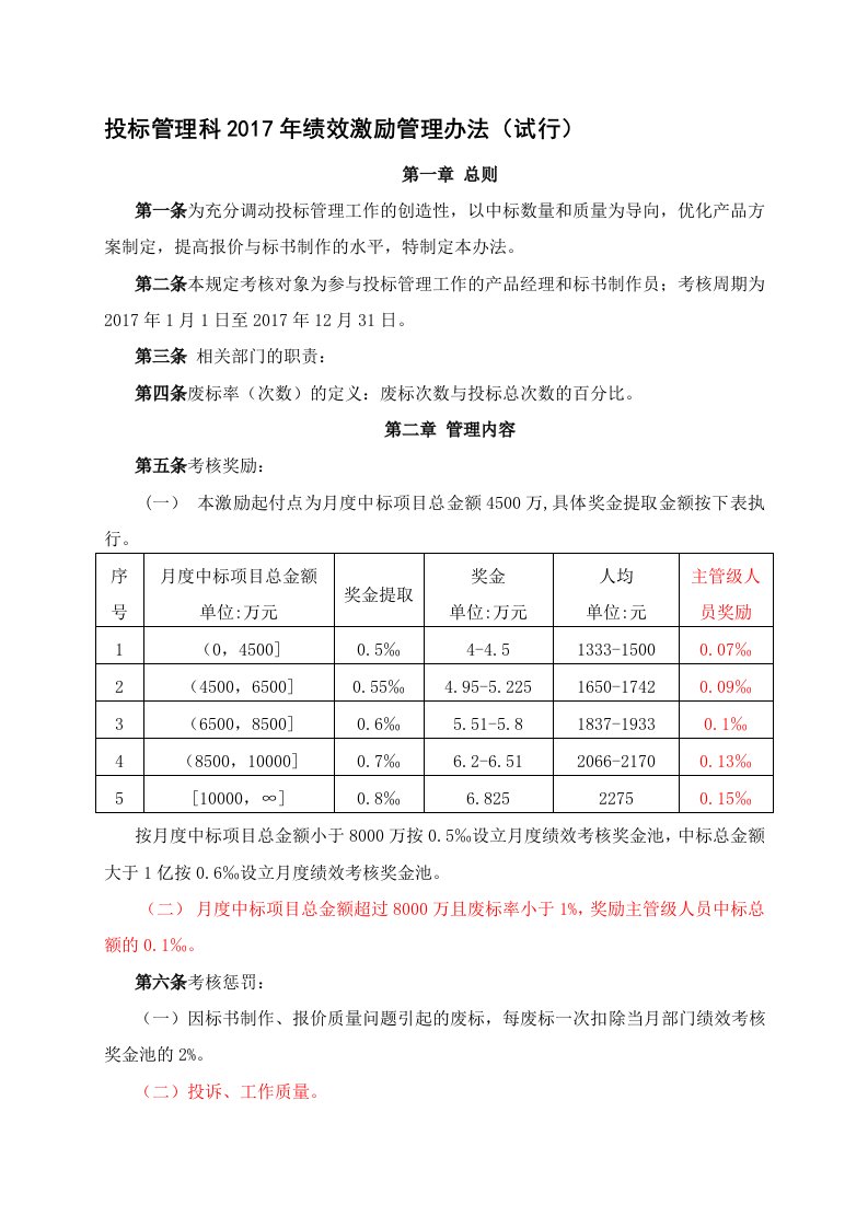 投标绩效激励管理办法