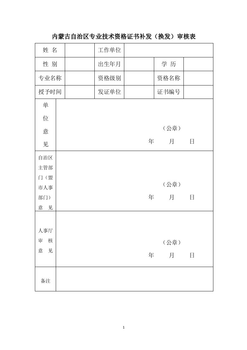 内蒙古自治区专业技术资格证书补发（换发）审核表doc