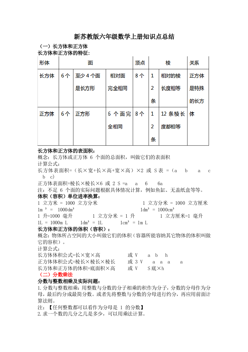 完整word版-苏教版六年级上册数学知识点-推荐文档