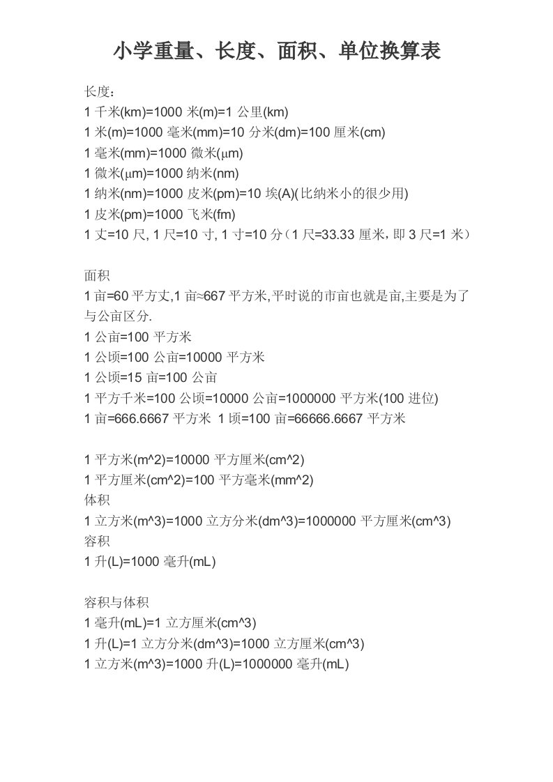 小学重量、长度、面积、单位换算表