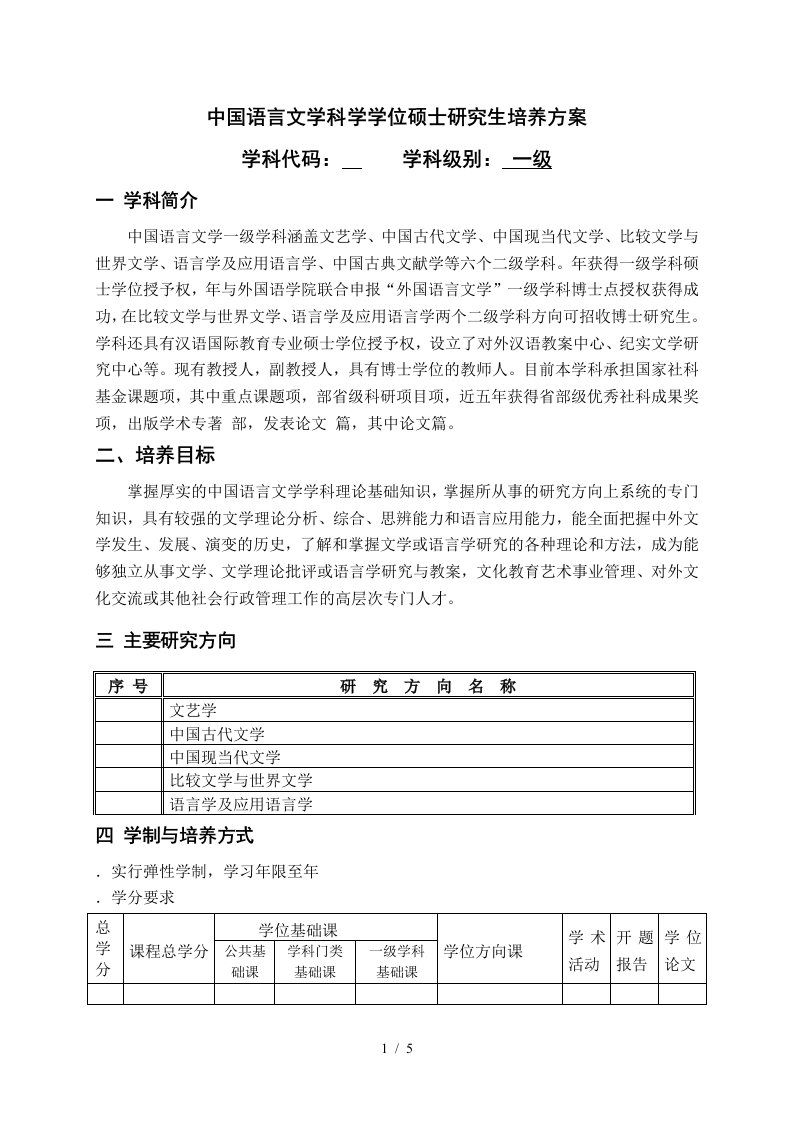 中国语言文学科学学位硕士研究生培养方案