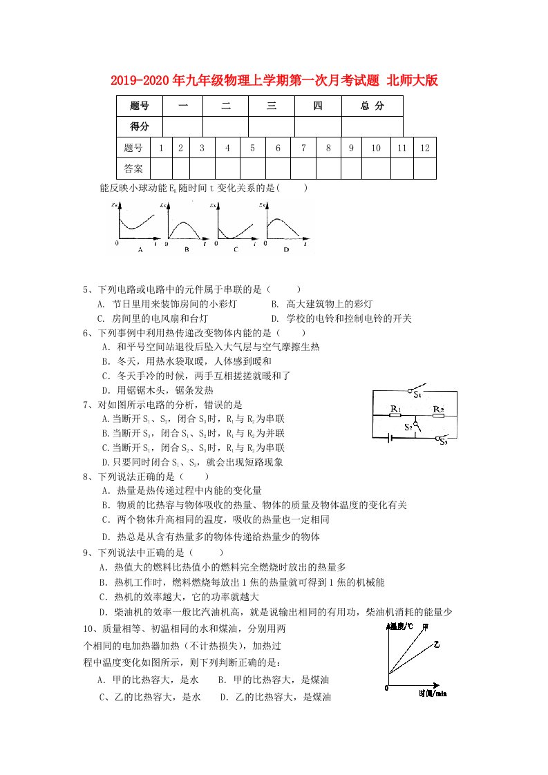 2019-2020年九年级物理上学期第一次月考试题