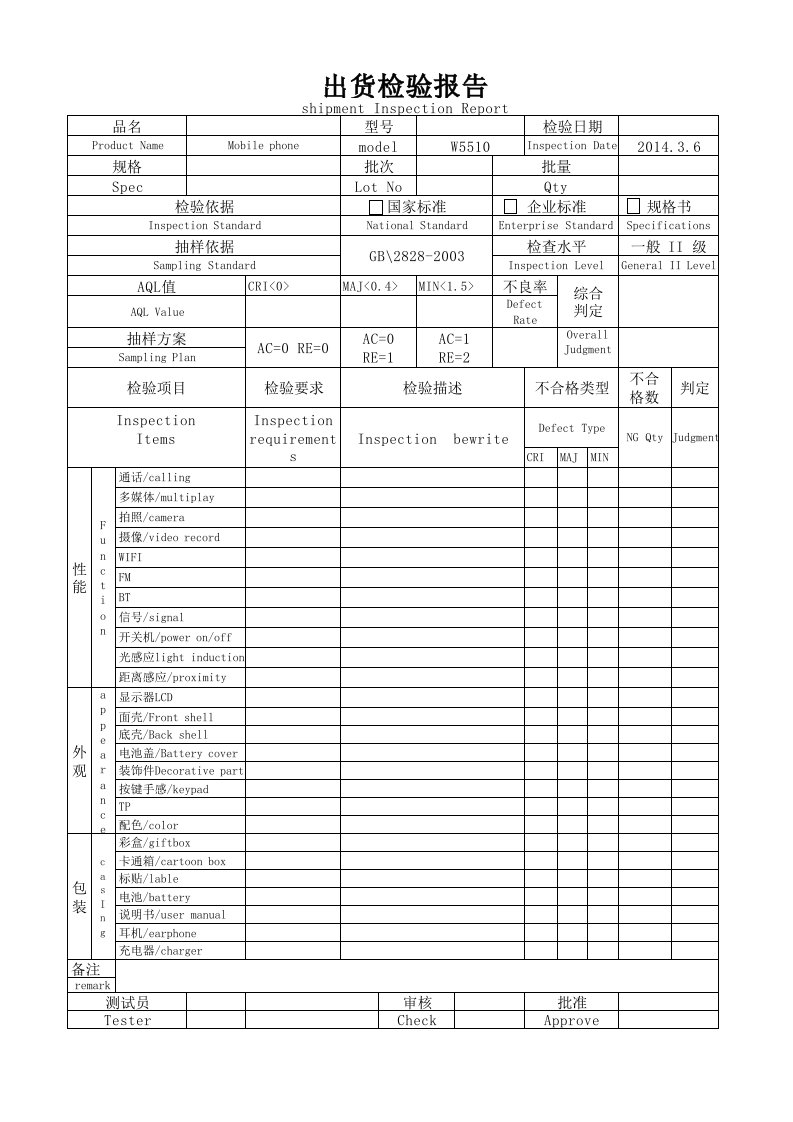 出货检验报告中英文格式