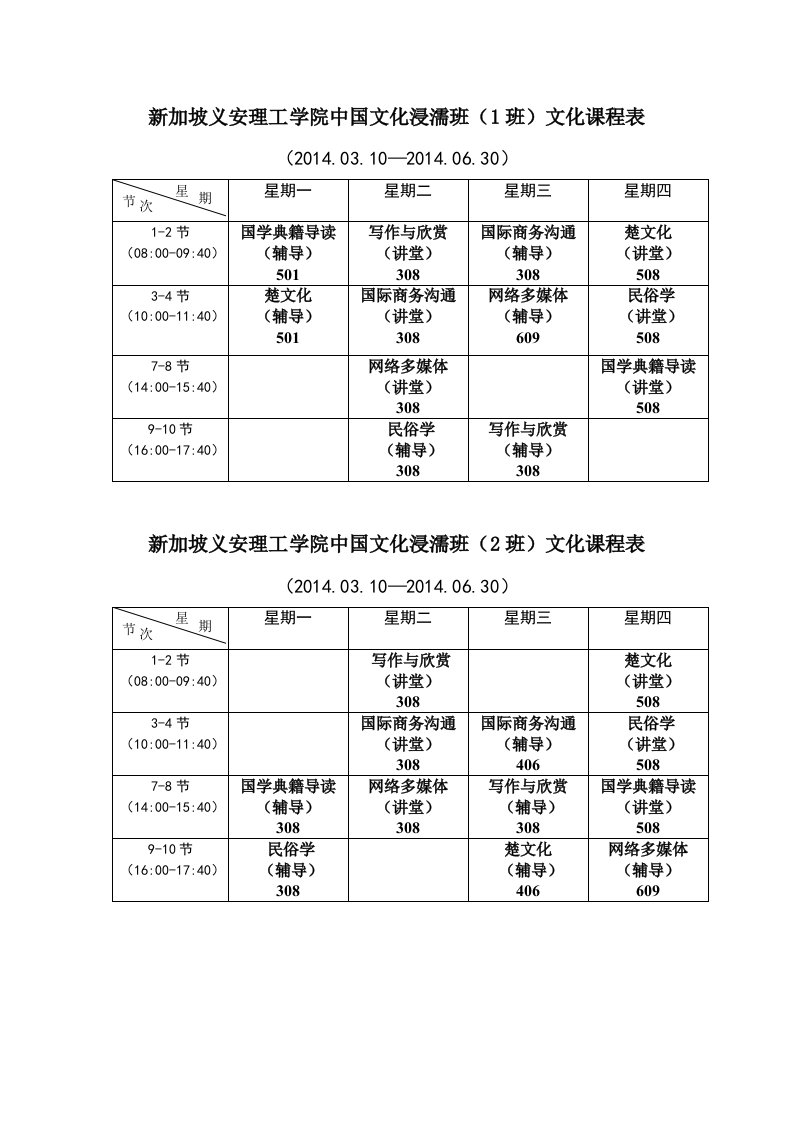 新加坡义安理工学院中国文化浸濡班（班）文化课程表