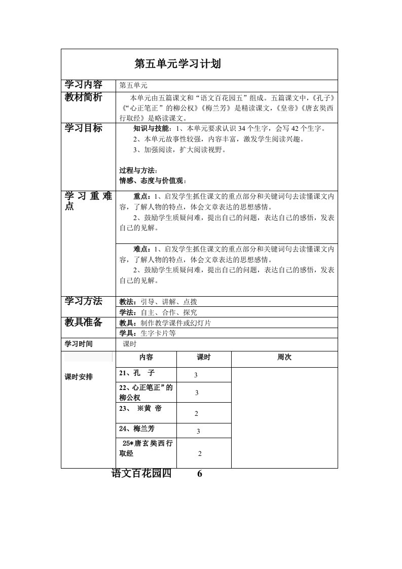 第五单元孔子心正笔正的柳公权梅兰芳皇帝唐玄奘西行取经学习计划