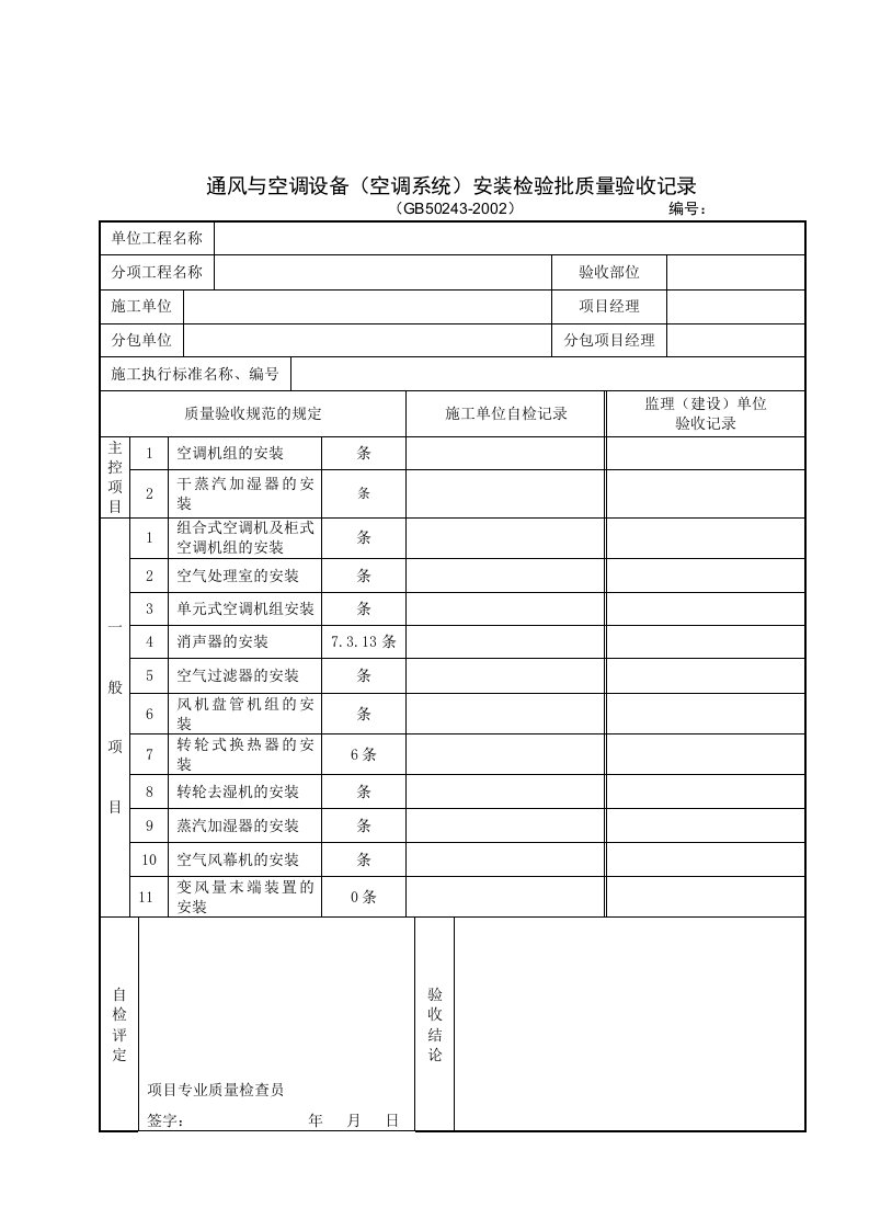 通风与空调设备(空调系统)安装检验批质量验收记录