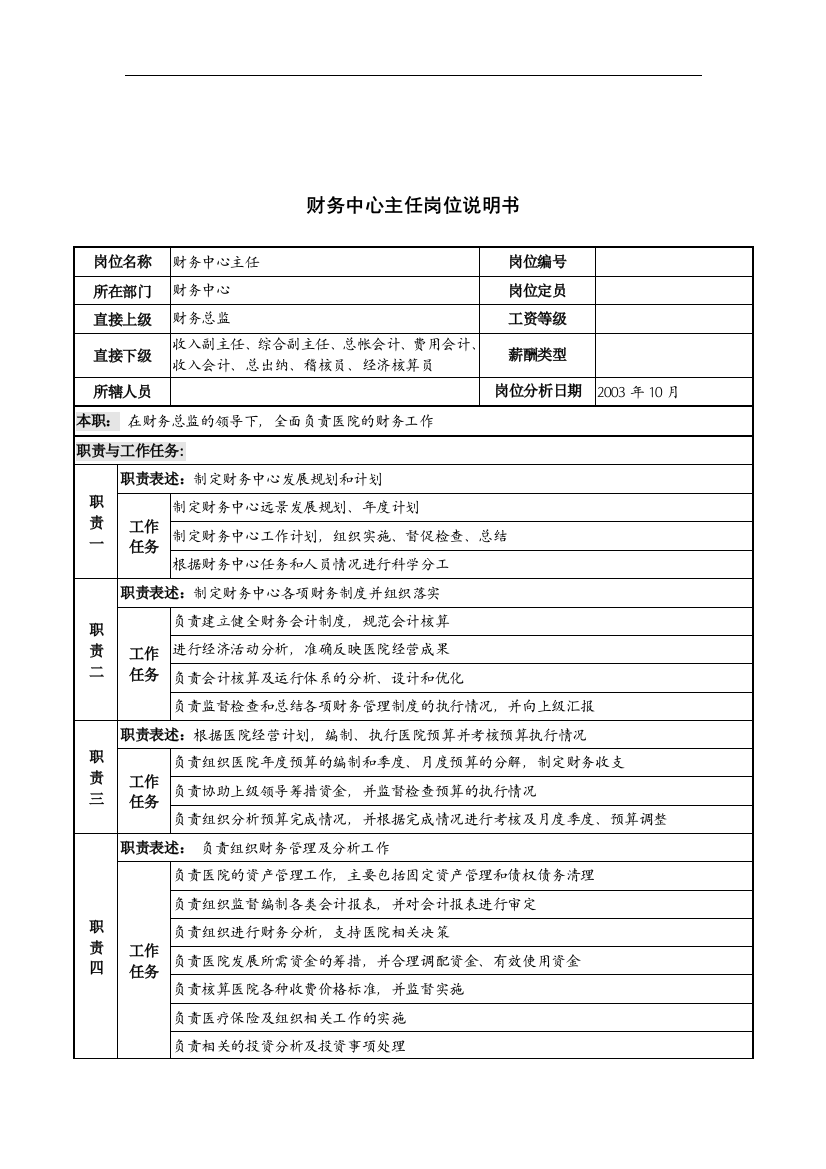 湖北新华医院财务中心主任岗位说明书