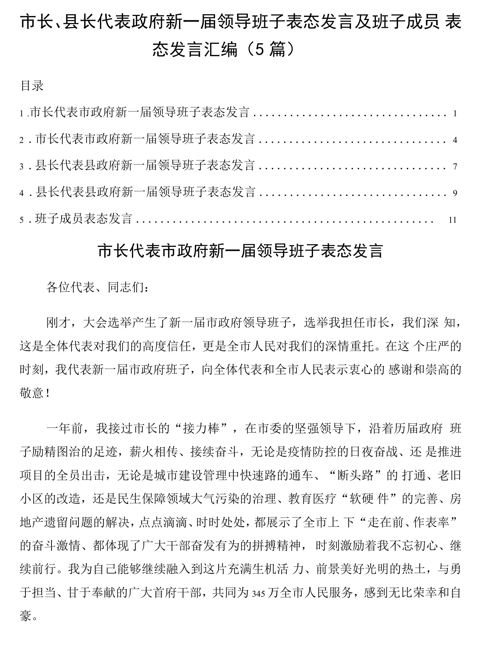 市长、县长代表政府新一届领导班子表态发言及班子成员表态发言5篇