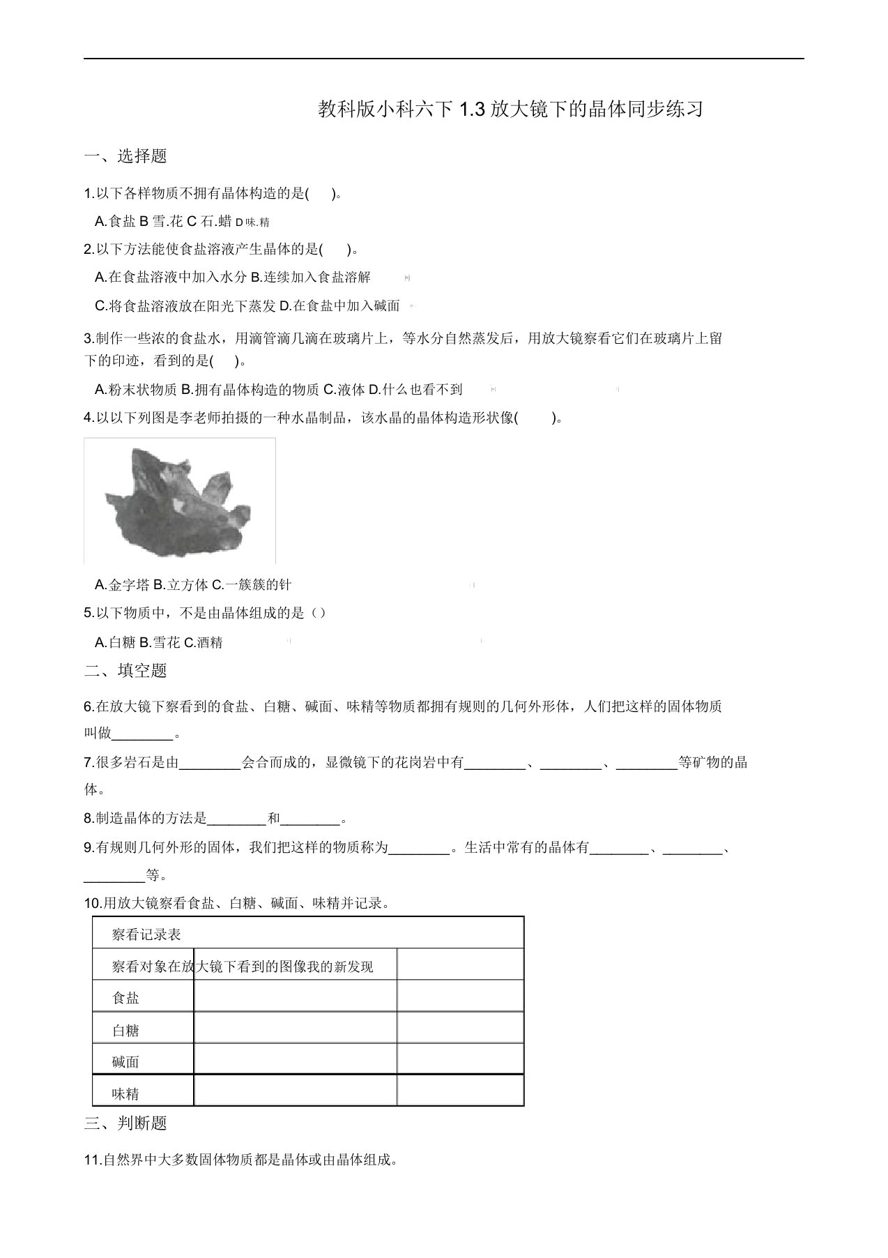 教科版小科六下13放大镜下晶体同步练习(含解析)