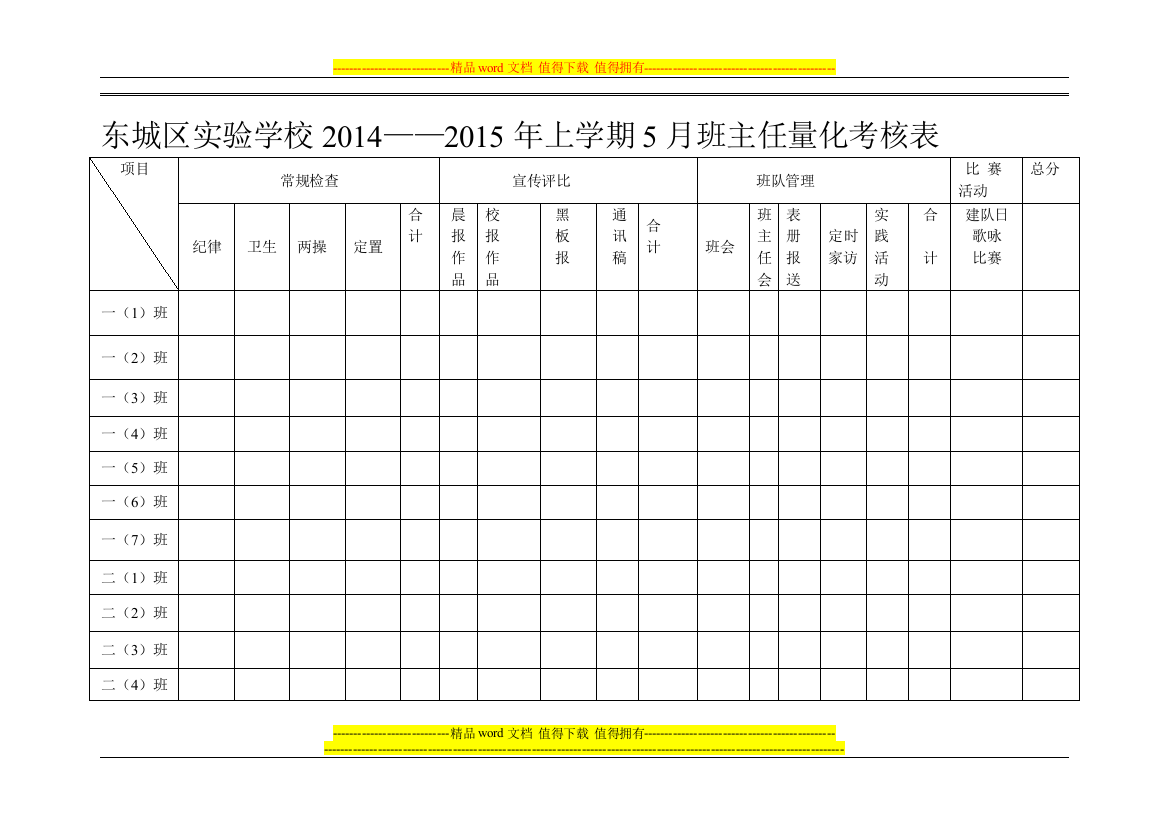 2014—2015年度上学期班主任考核空白表.