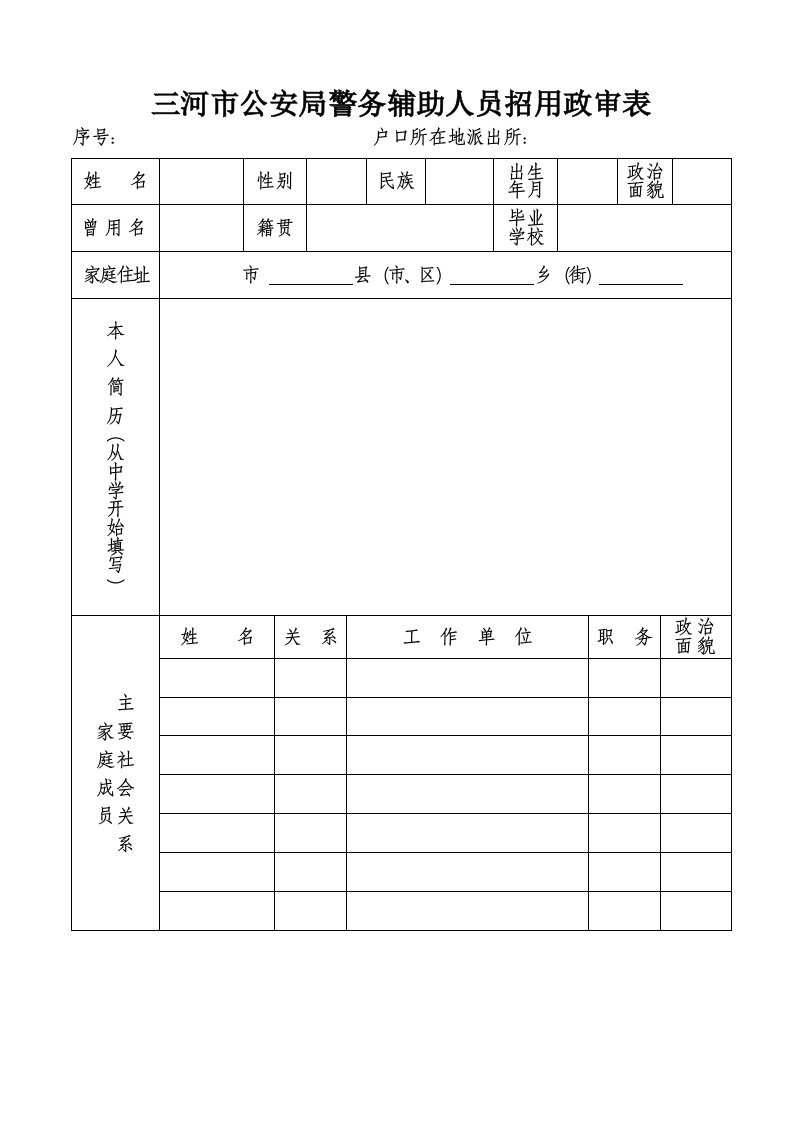 三河市公安局警务辅助人员招用政审表