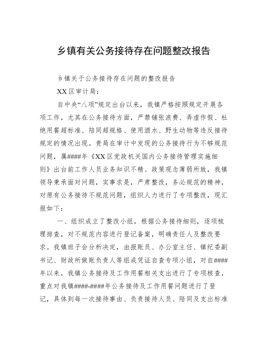 乡镇有关公务接待存在问题整改报告