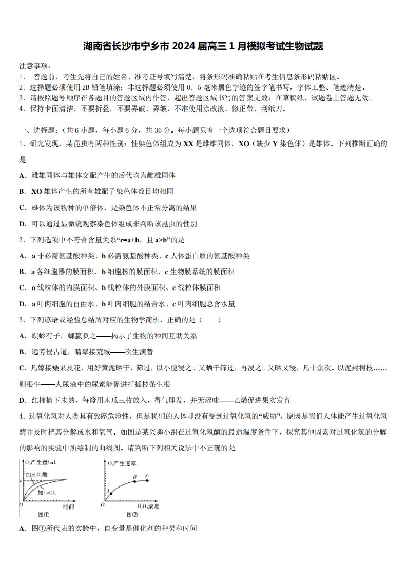 湖南省长沙市宁乡市2024届高三1月模拟考试生物试题含解析