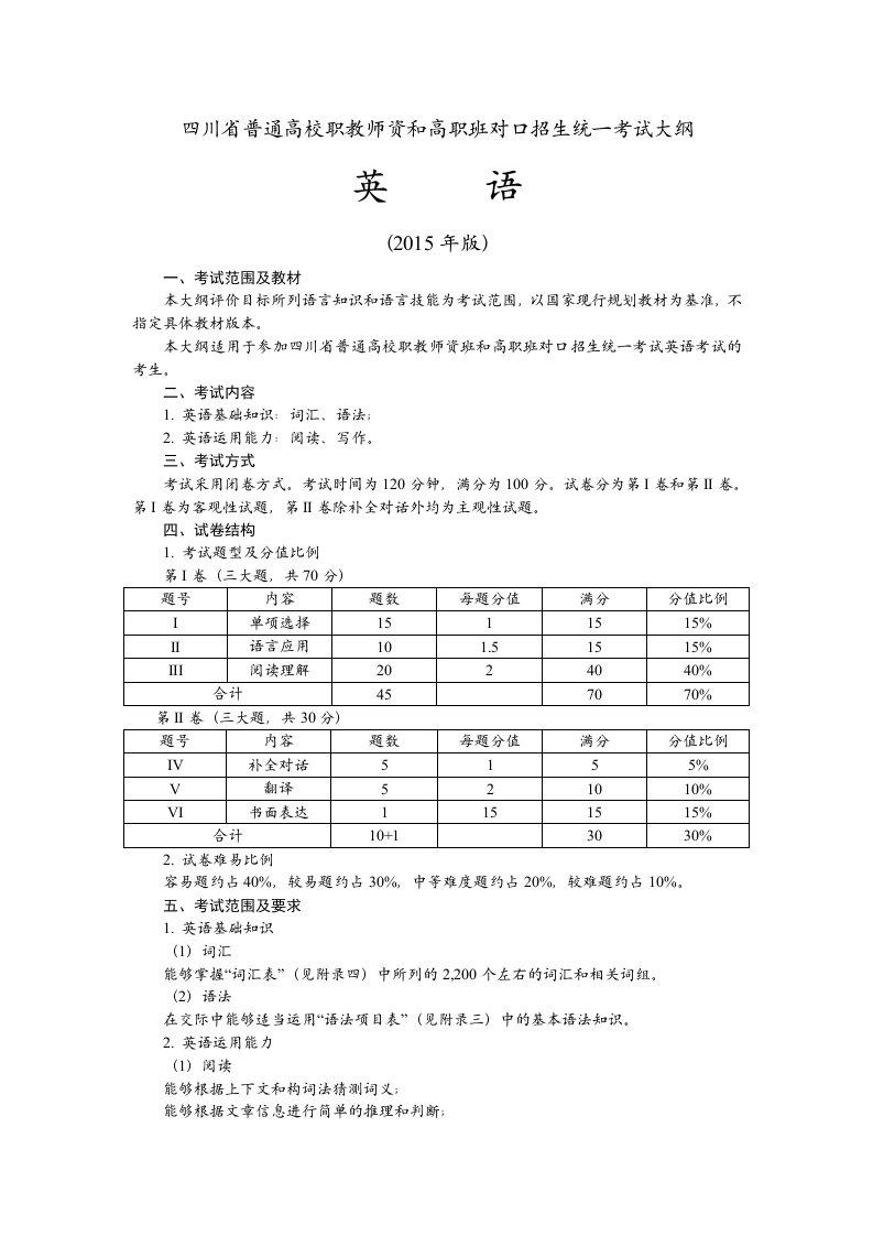 英语考纲(2015年版)