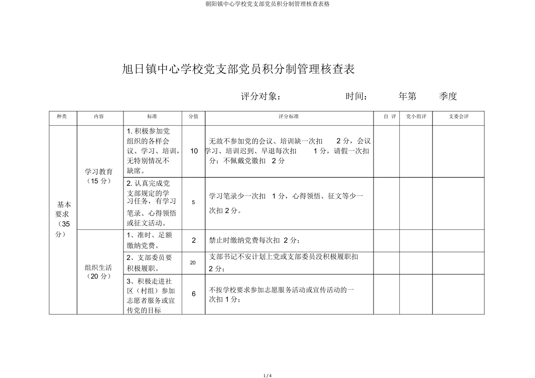 向阳镇中心学校党支部党员积分制管理考核表格