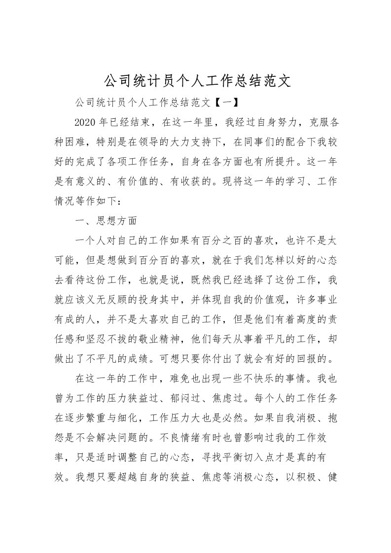 2022公司统计员个人工作总结范文