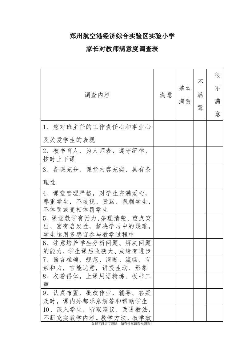 家长对教师满意度调查表