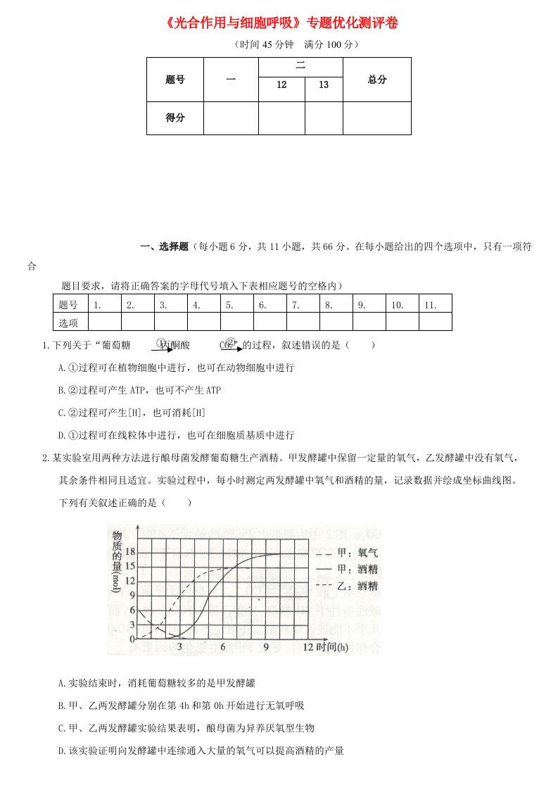 2021年高考生物专题强化练习卷光合作用与细胞呼吸新人教版