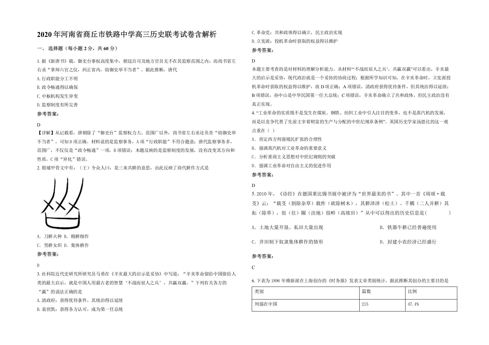 2020年河南省商丘市铁路中学高三历史联考试卷含解析