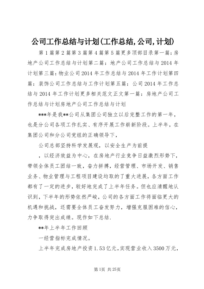 公司工作总结与计划(工作总结,公司,计划)