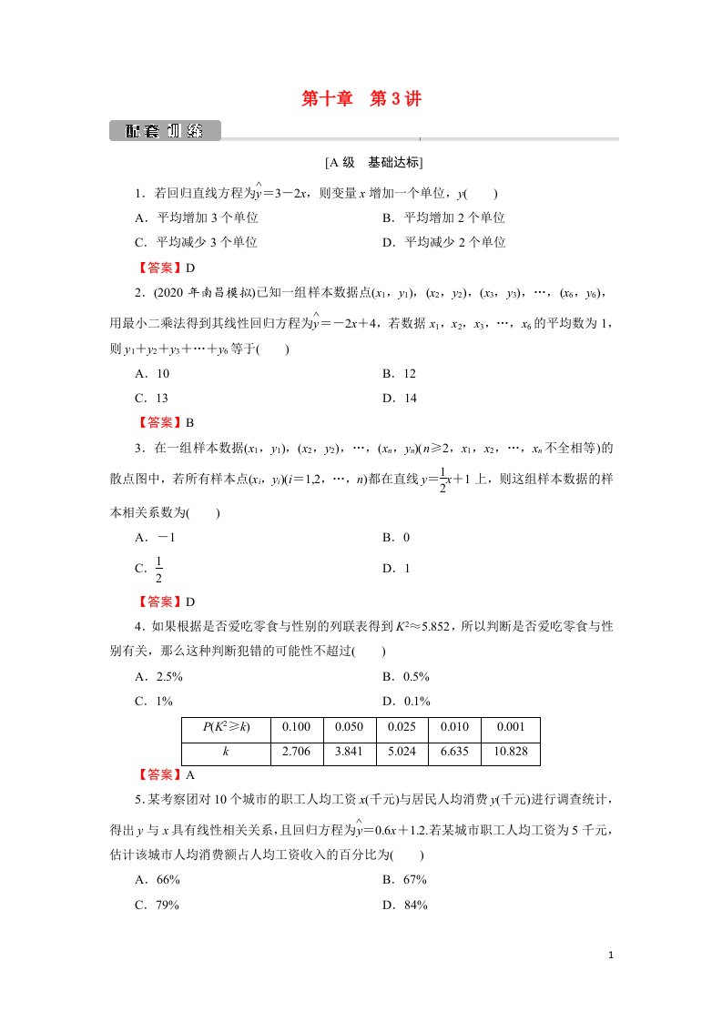 2022版高考数学一轮复习第10章第3讲线性回归与独立性检验训练含解析