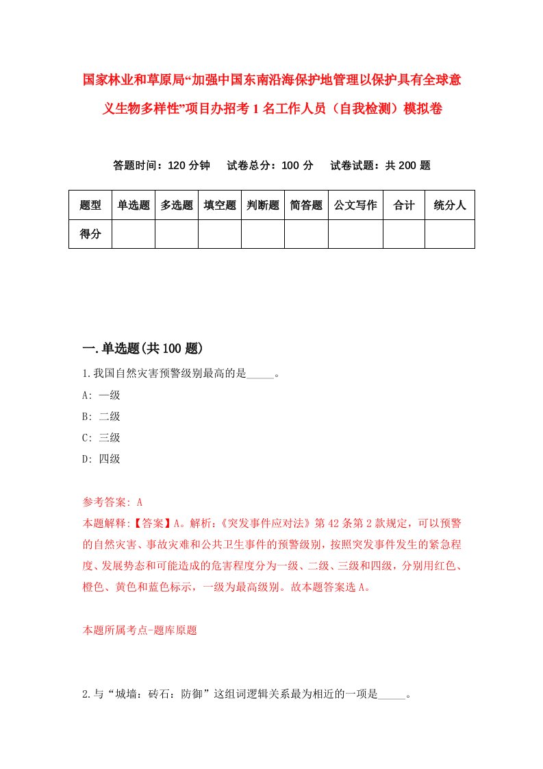 国家林业和草原局加强中国东南沿海保护地管理以保护具有全球意义生物多样性项目办招考1名工作人员自我检测模拟卷2