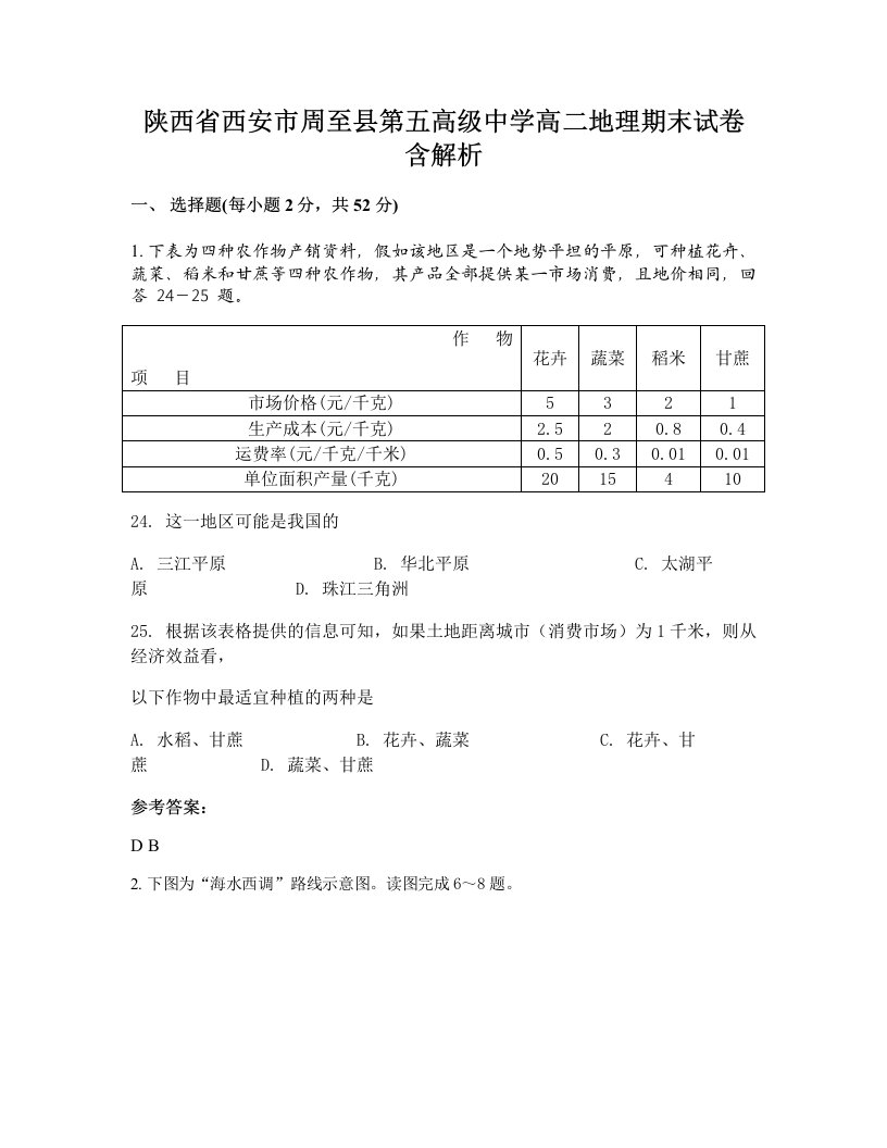 陕西省西安市周至县第五高级中学高二地理期末试卷含解析