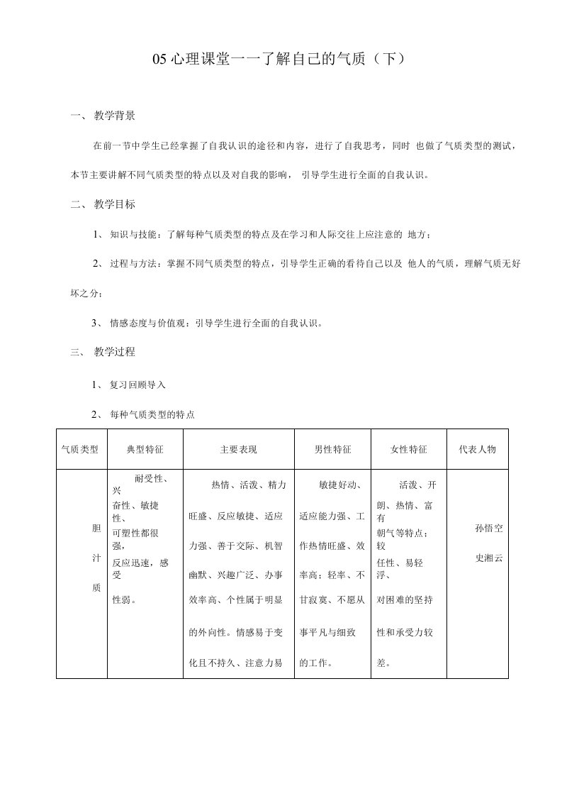 心理课堂――气质类型教案下