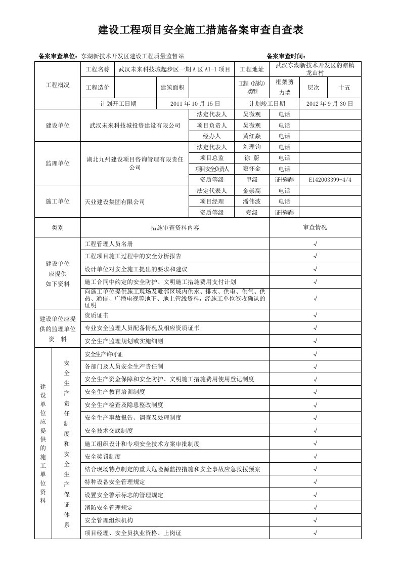 建设工程项目安全施工措施备案审查自查表1