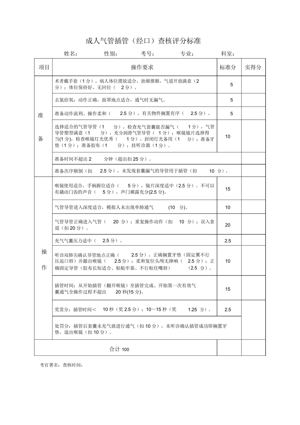 气管插管操作考核评分表