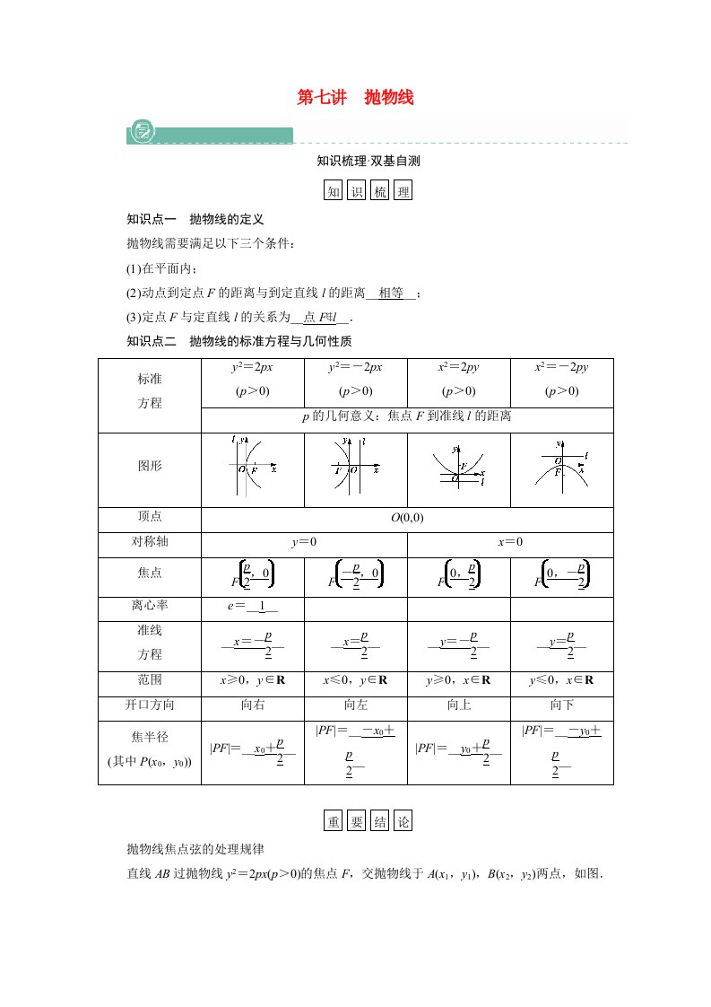 2022版高考数学一轮复习第八章解析几何第七讲抛物线学案新人教版202105212121