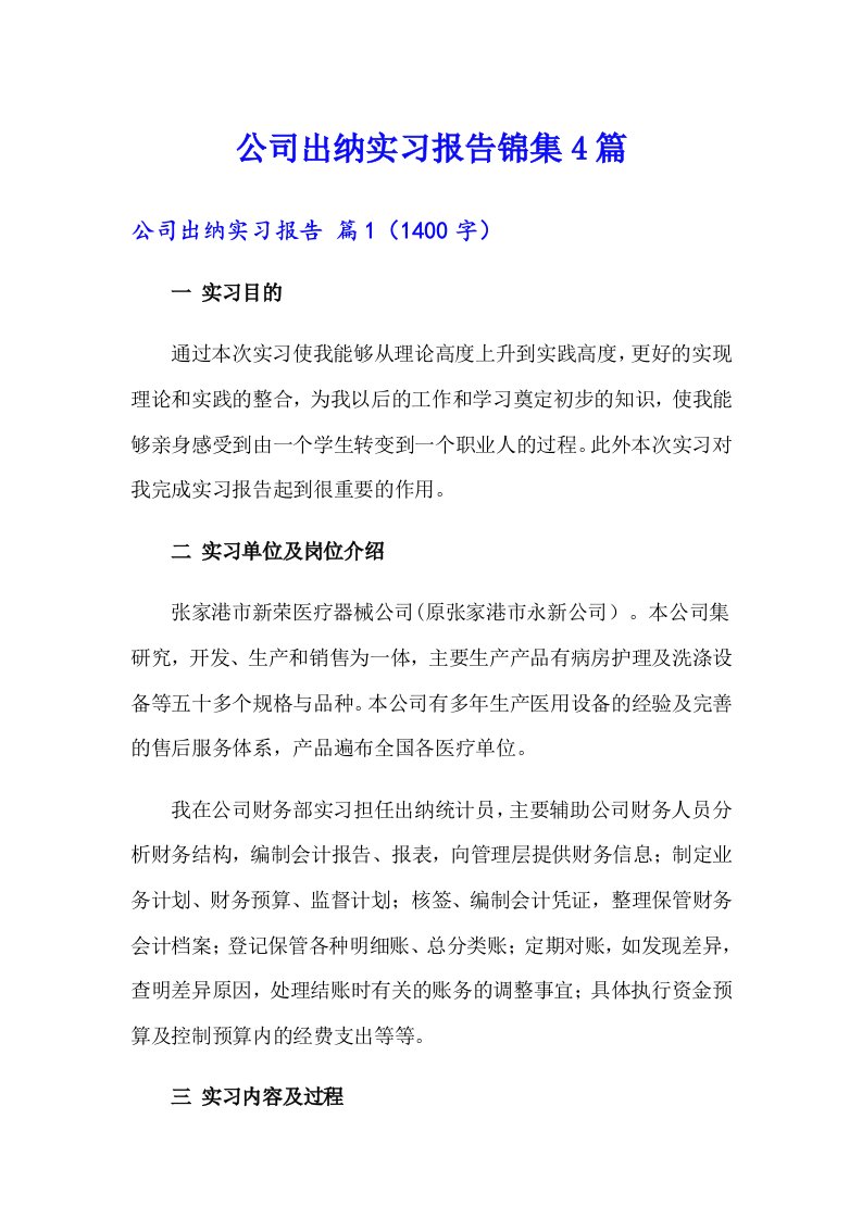 公司出纳实习报告锦集4篇