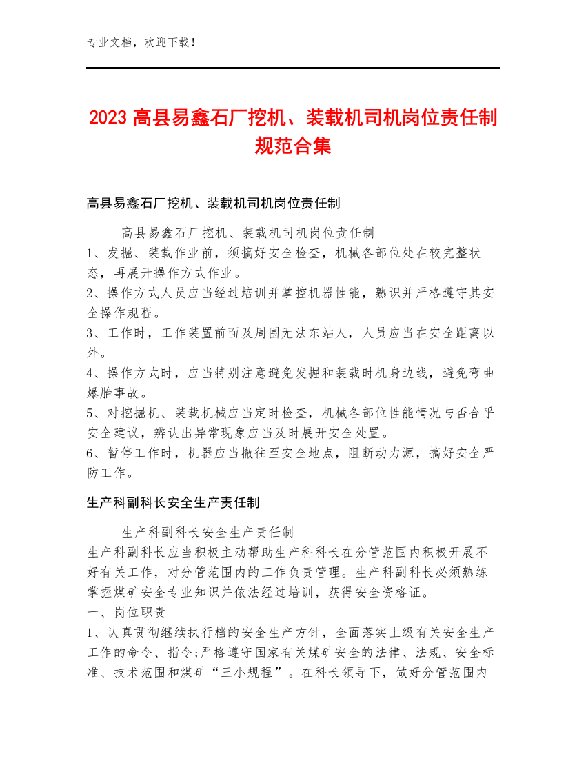 2023高县易鑫石厂挖机、装载机司机岗位责任制规范合集