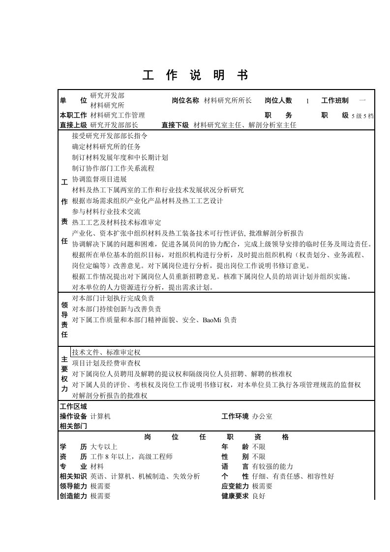 精选研究开发部材料研究所各岗位描述