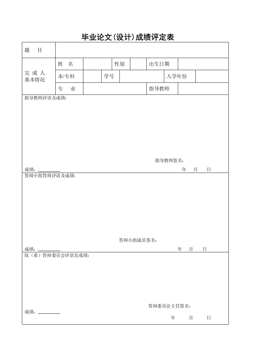 毕业论文（设计）成绩评定表