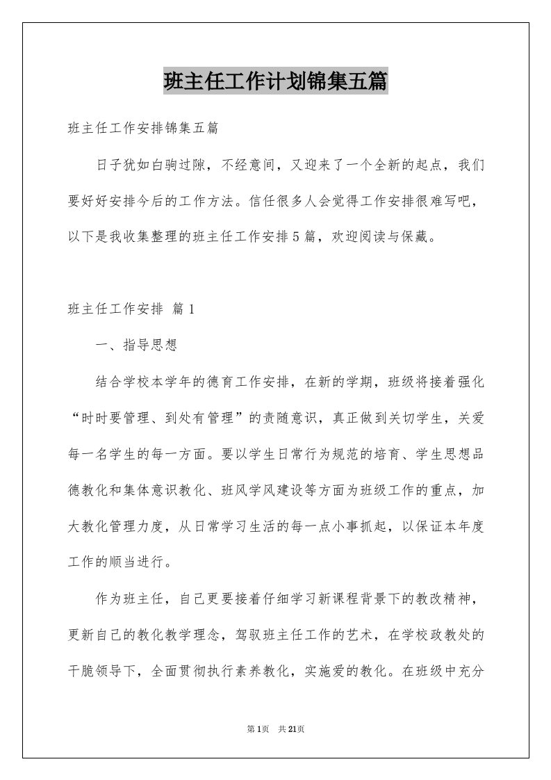 班主任工作计划锦集五篇例文