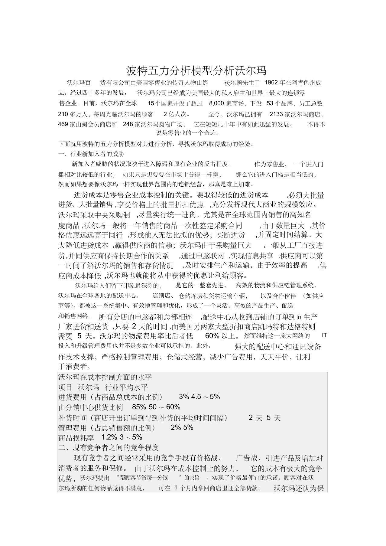 波特五力模型分析沃尔玛